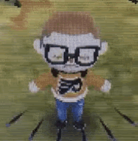a pixelated image of a person wearing glasses and a sweater that says 50