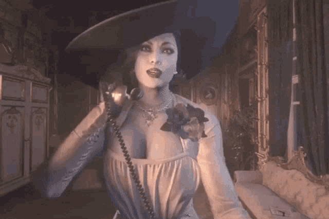 a woman in a white dress and hat is talking on a phone .
