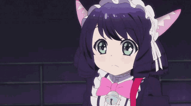a cat girl with purple hair and green eyes