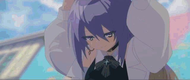 a girl with purple hair and a choker on her neck looks down
