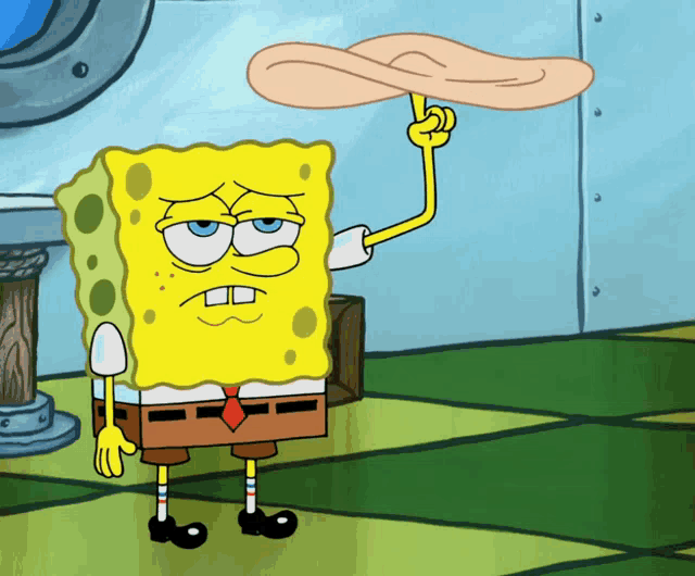 a cartoon of spongebob holding a piece of bread in his hand