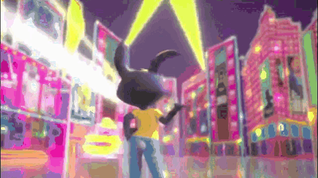 a cartoon rabbit is standing in front of a neon sign that says ' coca cola '