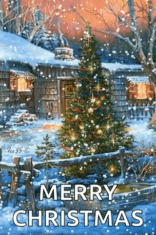 a merry christmas card with a christmas tree in the snow