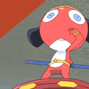 a red cartoon character with a white v on his face