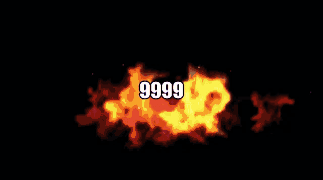 a cartoon explosion with the number 9999 in white letters