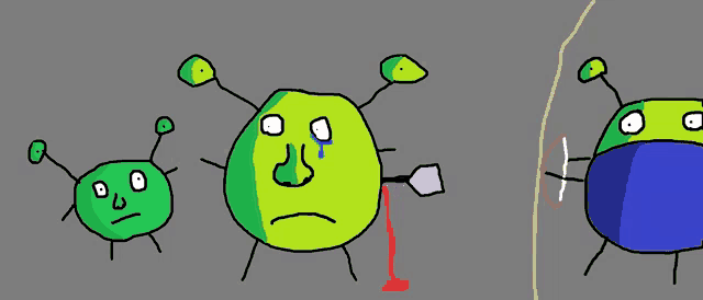 a cartoon drawing of a green alien with a tear coming out of its eye