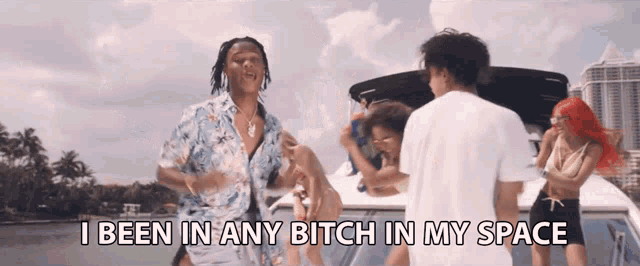 a group of people on a boat with the words i been in any bitch in my space above them