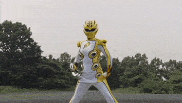 a yellow and white female power ranger stands in a field