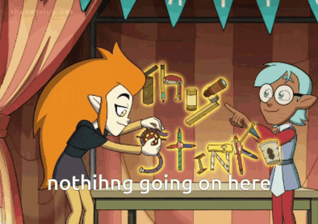 two cartoon characters are standing in front of a sign that says " this stinks nothing going on here "