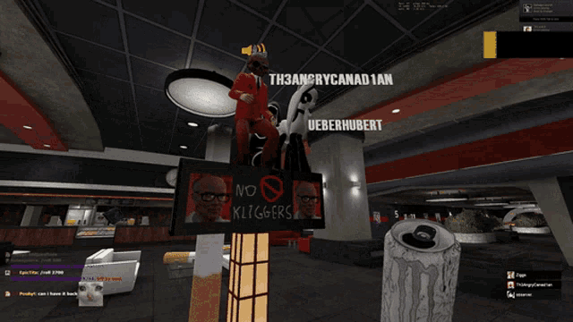 a man in a red suit is standing next to a sign that says no kliggers