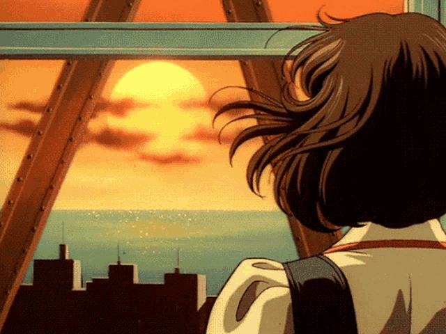 a woman is looking out a window at the sun setting over the ocean