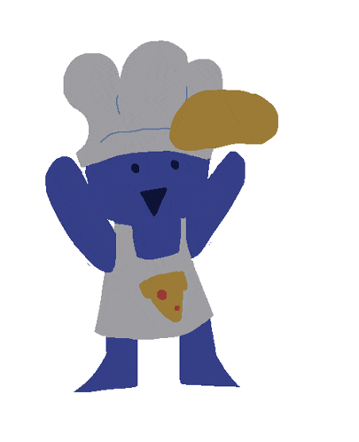 a blue bear wearing a chef 's hat and apron is holding a piece of pizza
