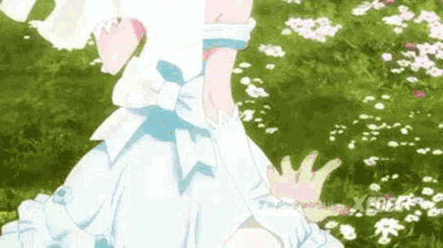 a girl in a white dress and gloves is standing in the grass .
