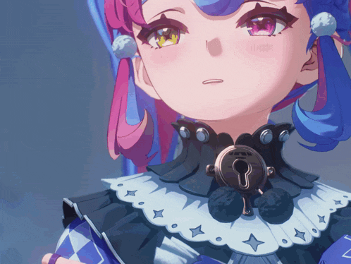 a close up of a girl 's face with a key in her neck