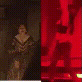 a woman in a long dress is standing in front of a red wall holding a gun .