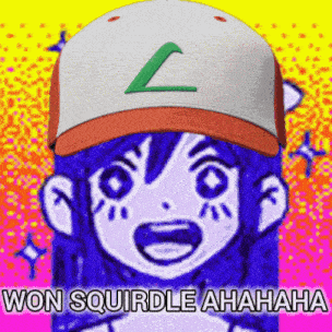 a cartoon of a girl wearing a hat that says won squirtle ahaha .