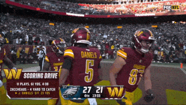 a fox nfl scoreboard shows a score of 27-21
