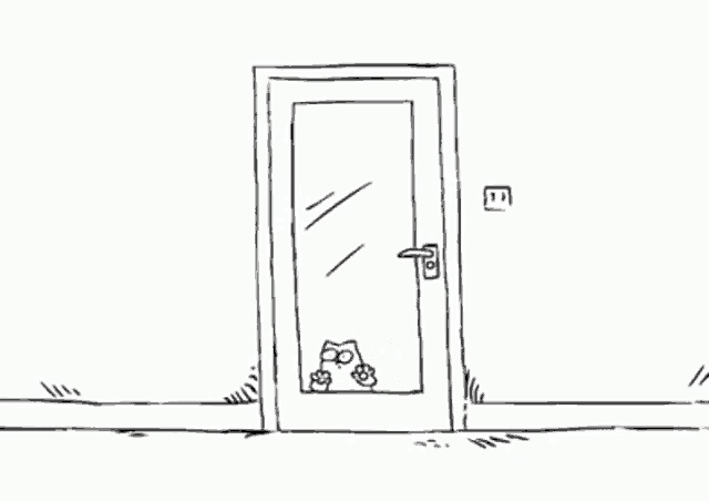 a black and white drawing of a cat peeking out of a glass door