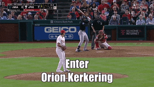 a baseball game is being played with orion kerkering written on the field