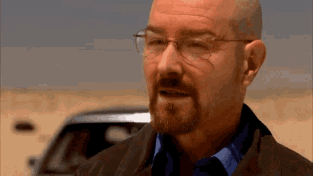 a bald man with a beard wearing glasses and a blue shirt is standing in the desert .