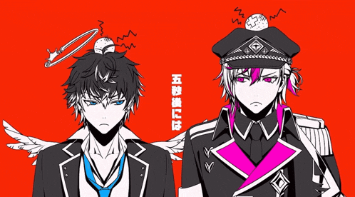 two anime characters are standing next to each other with chinese writing on the bottom right