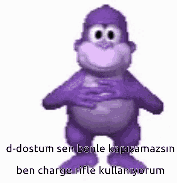 a purple monkey is holding a cell phone in his hand and says ben charge rifle kullaniyorum .
