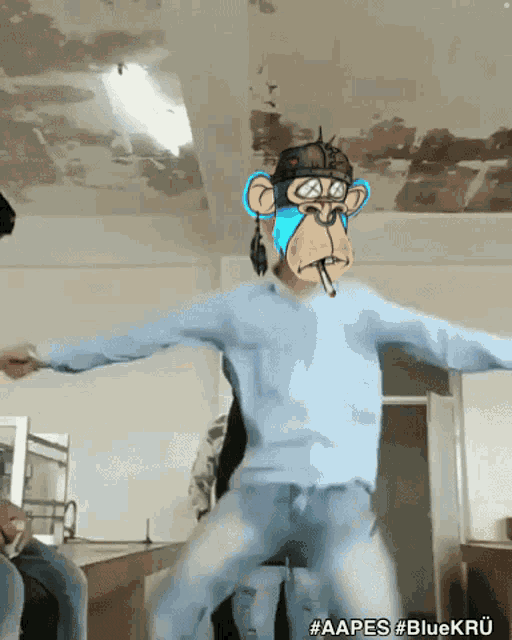a man wearing a monkey mask is dancing in a room with the hashtag #aapes #bluekrü