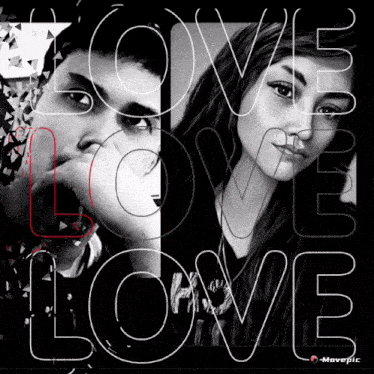 a black and white photo of a man and a woman with the word love in white letters