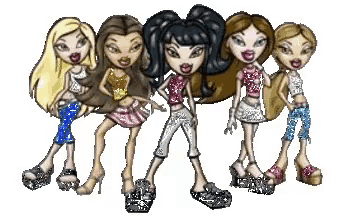 a group of bratz dolls are standing next to each other