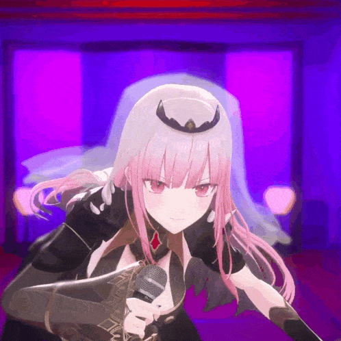 a girl with pink hair is holding a microphone in her hand