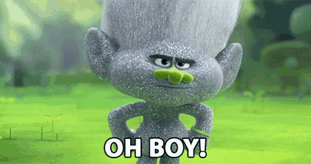a troll from the movie trolls is standing in a grassy field with his hands on his hips and says oh boy .