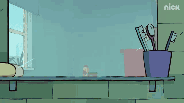a cartoon of toothpaste and toothbrushes with a nick logo in the background