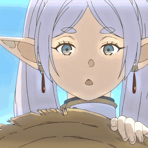 a close up of a cartoon character with white hair and blue eyes