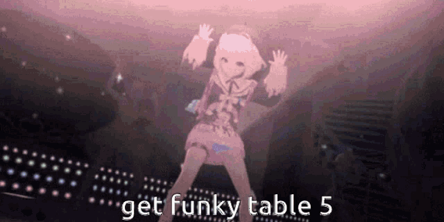 a girl is dancing on a stage with the words get funky table 5