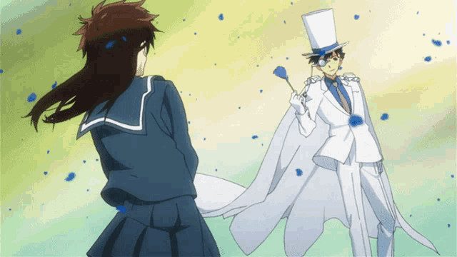 a man in a top hat stands next to a girl in a sailor suit