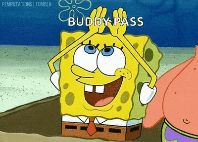 a cartoon of spongebob and patrick making a buddy pass sign