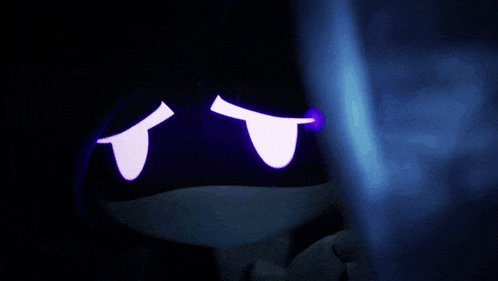 a close up of a cartoon character 's eyes with purple glowing eyes