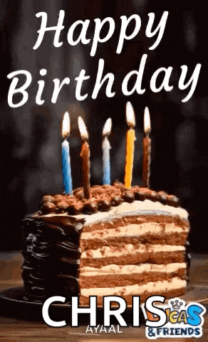 a birthday cake with candles on it and the words happy birthday chris & friends