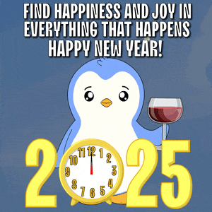a penguin is holding a glass of wine and a clock in front of numbers 2025