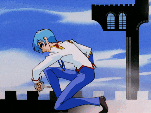 a blue haired anime character kneeling down with a sword