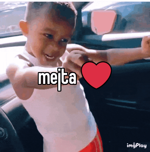 a young boy in a car with the word meita above his head