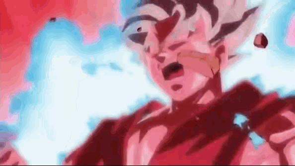 a close up of a person 's face in a red and blue anime scene .