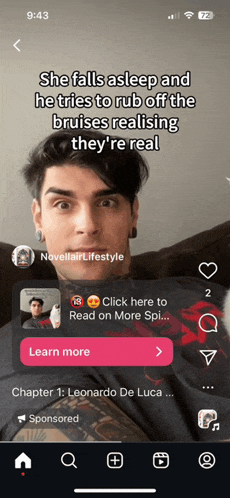 a screenshot of a video on a phone that says she falls asleep and he tries to rub off the bruise
