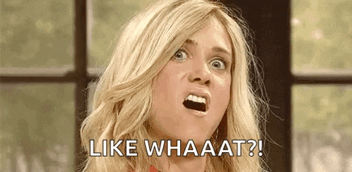 a blonde woman is making a funny face and says `` like whaaat ? ''