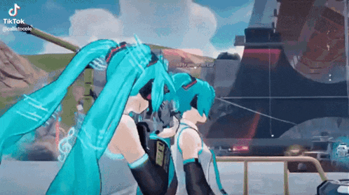 two anime girls with blue hair are standing next to each other .