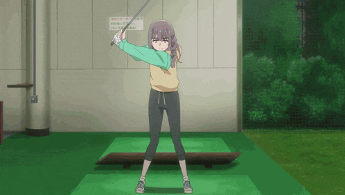 a girl is swinging a golf club in front of a sign that says ' no smoking ' on it