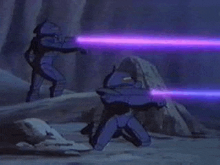 two robots are shooting purple lasers at each other in a cartoon .