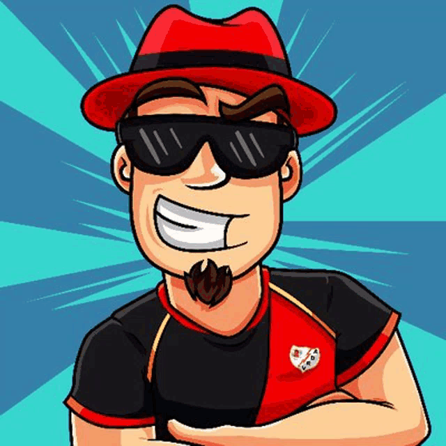 a cartoon man wearing a hat and sunglasses is smiling .