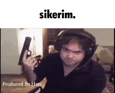 a man wearing headphones is holding a gun in front of a sign that says ' sikerim '