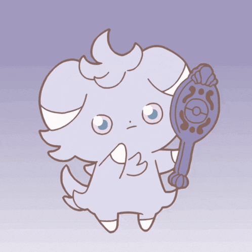 a cartoon drawing of a purple and white animal holding a blue object